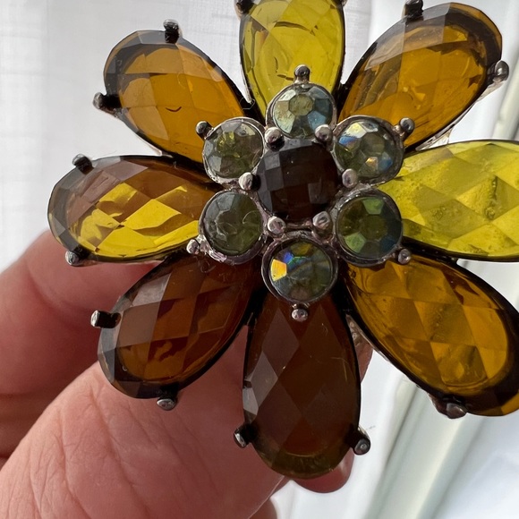 LARGE Vintage Faceted Prong-Set Smoky Topaz And Green Rhinestone Floral Brooch - Picture 4 of 9